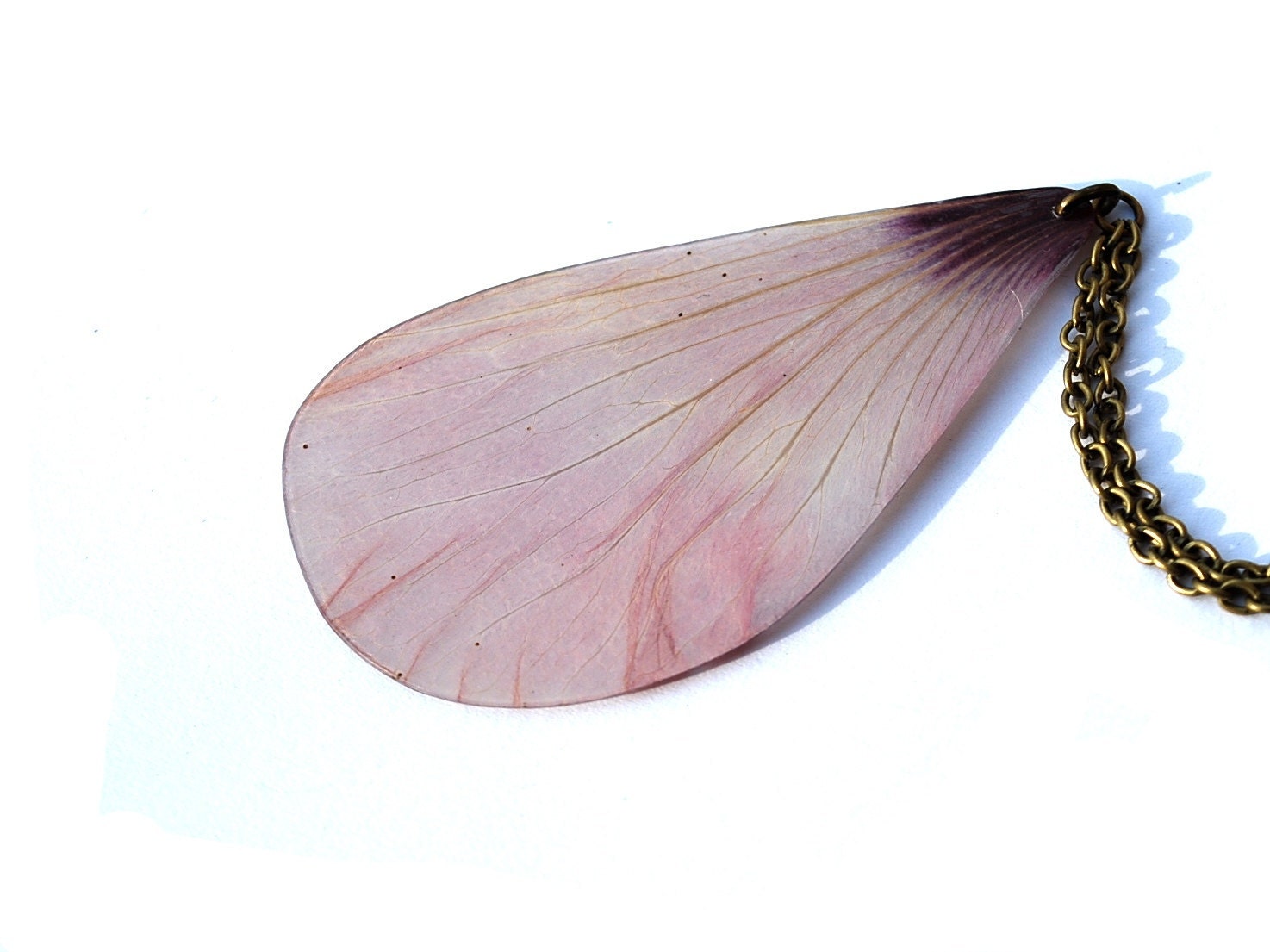 White Pink Necklace - Long - Real Hibiskus Petal Pendant in the Shape of a Dragonfly Wing with a Pink Shade - For Brides and Fairys