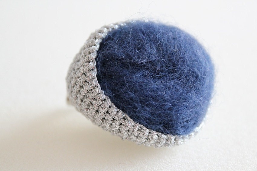 Crochet and felt brooch with silver thread and marine-blue wool