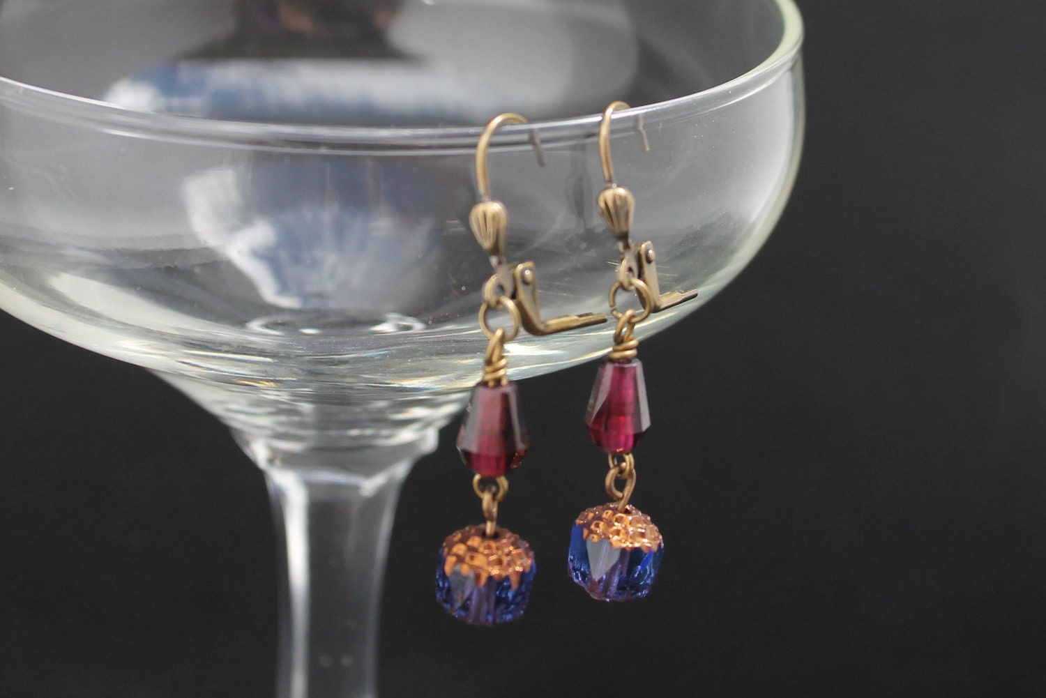 Vintage Sapphire Garnet Antique Brass Earrings