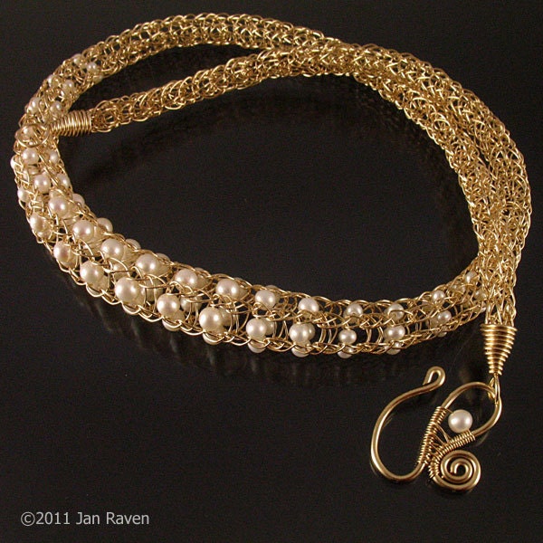 Viking Knit Necklace, Woven Gold Wire with White Pearls