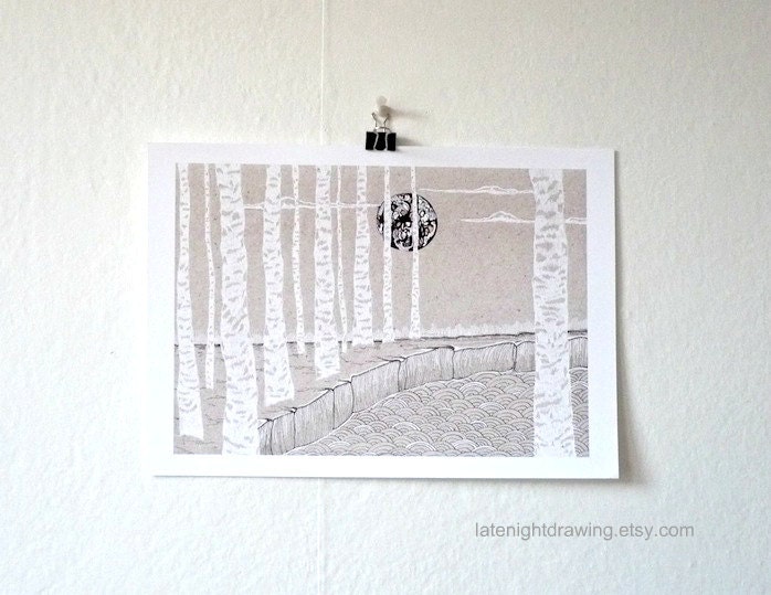 Birch Moon Landscape no2 /Scandinavian Fairy Tales Forest/ Ink Art Print A4
