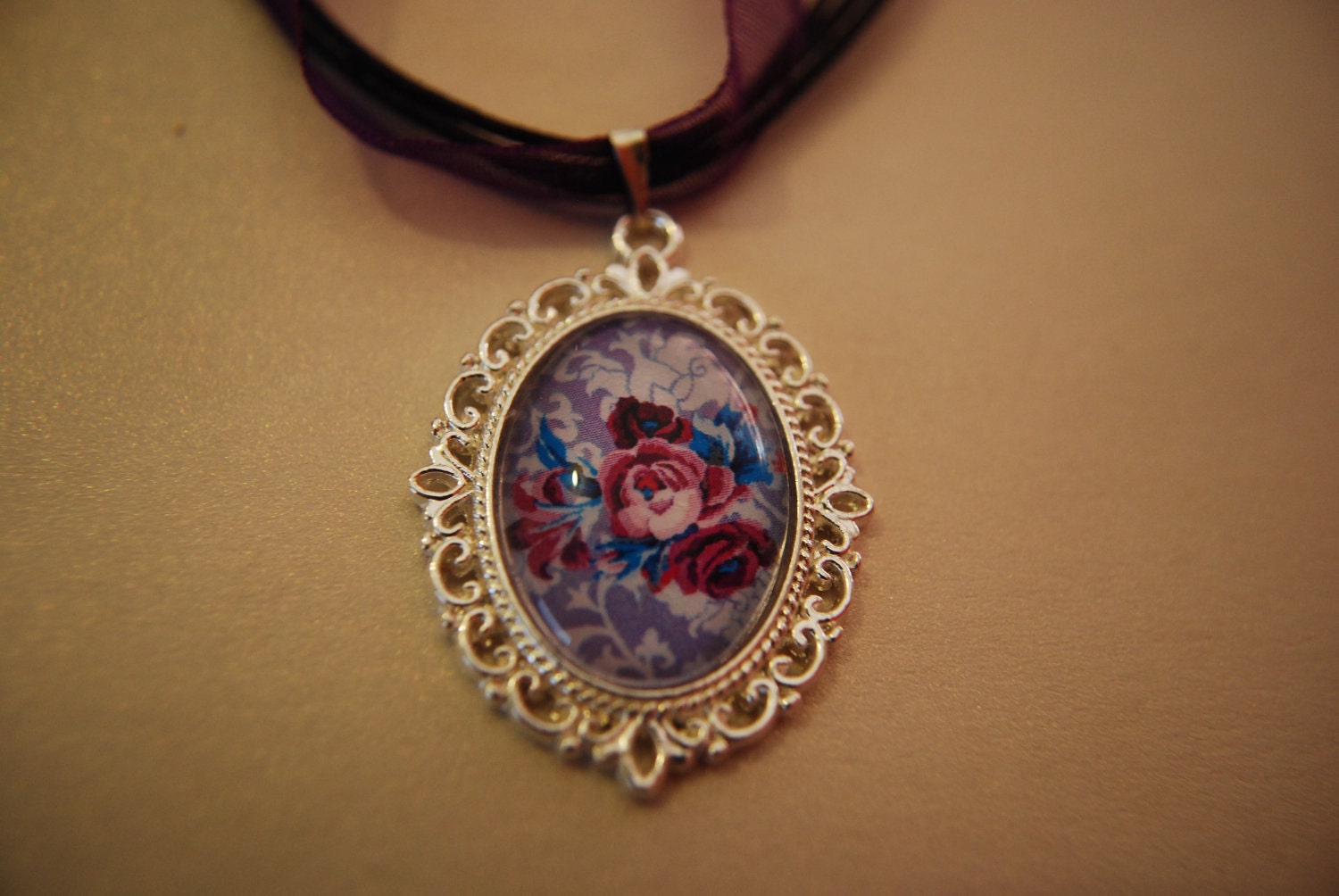 Purple floral cabochon necklace