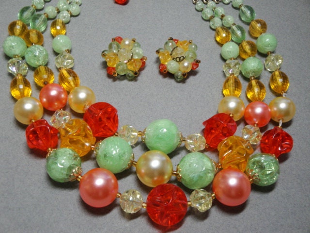 Unusual Vintage Colorful German Made Necklace and Earring Set