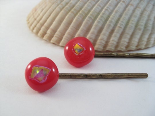 Decorative Glass Bobby Pins - Red Dichroic Hair Accessory