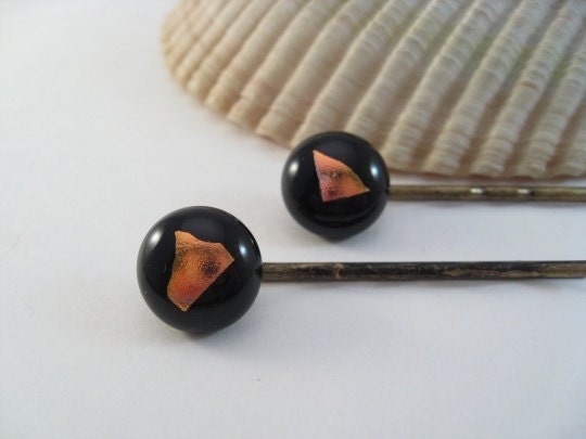 Decorative Glass Bobby Pins - Black Copper Dichroic Hair Accessory