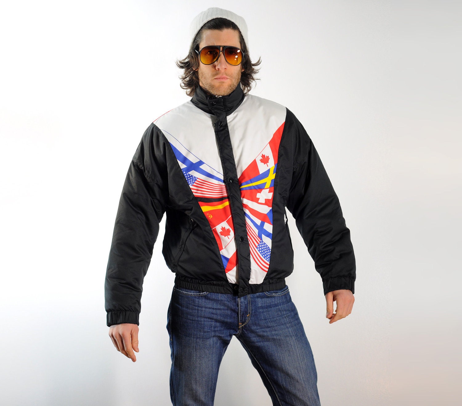 80s Ski Jacket Rainbow United Nations Flag Black White Puffer Down Small 38R 40R