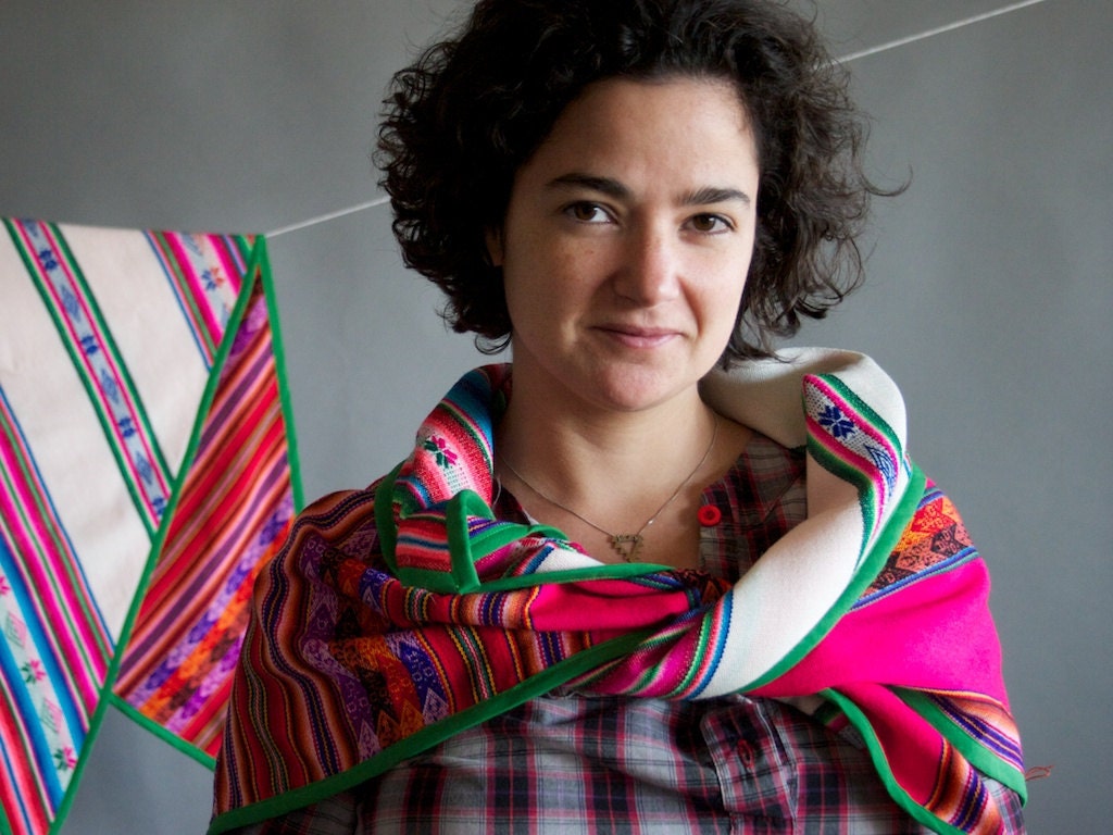 Inca shawl scarf- multicolor neo folk wrap in neon pink and off white