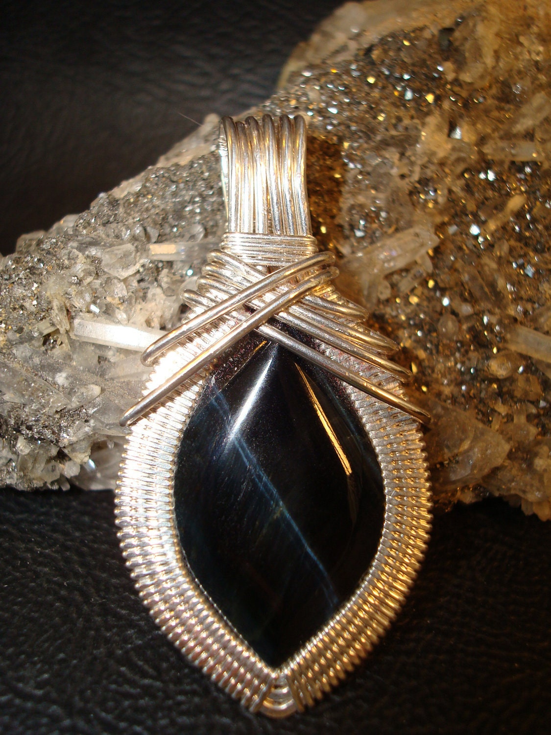 Blue Tiger Eye Silver Wire Wrapped Pendant