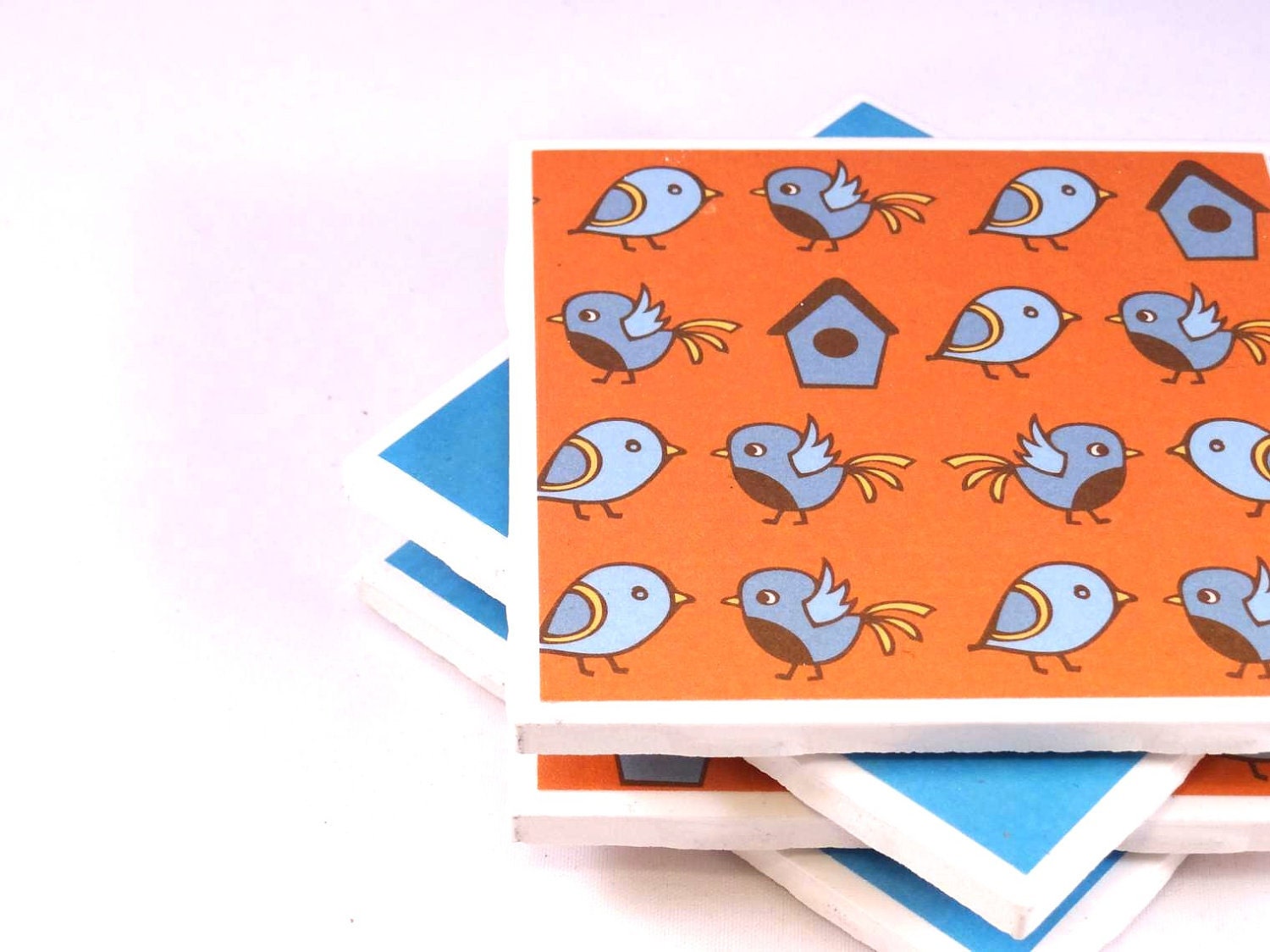 Tile Coasters - Blue and Orange Birds - Set of 4