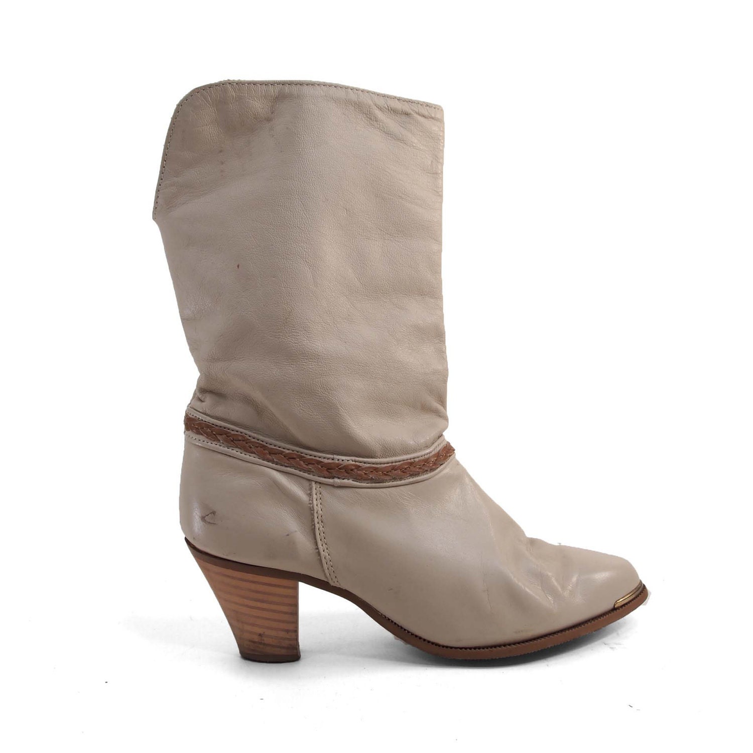 Boots in Bone Color Fashion with Brown Braided Ankle Detail, Stacked Heel, and Optional Cuff for Women's size 6