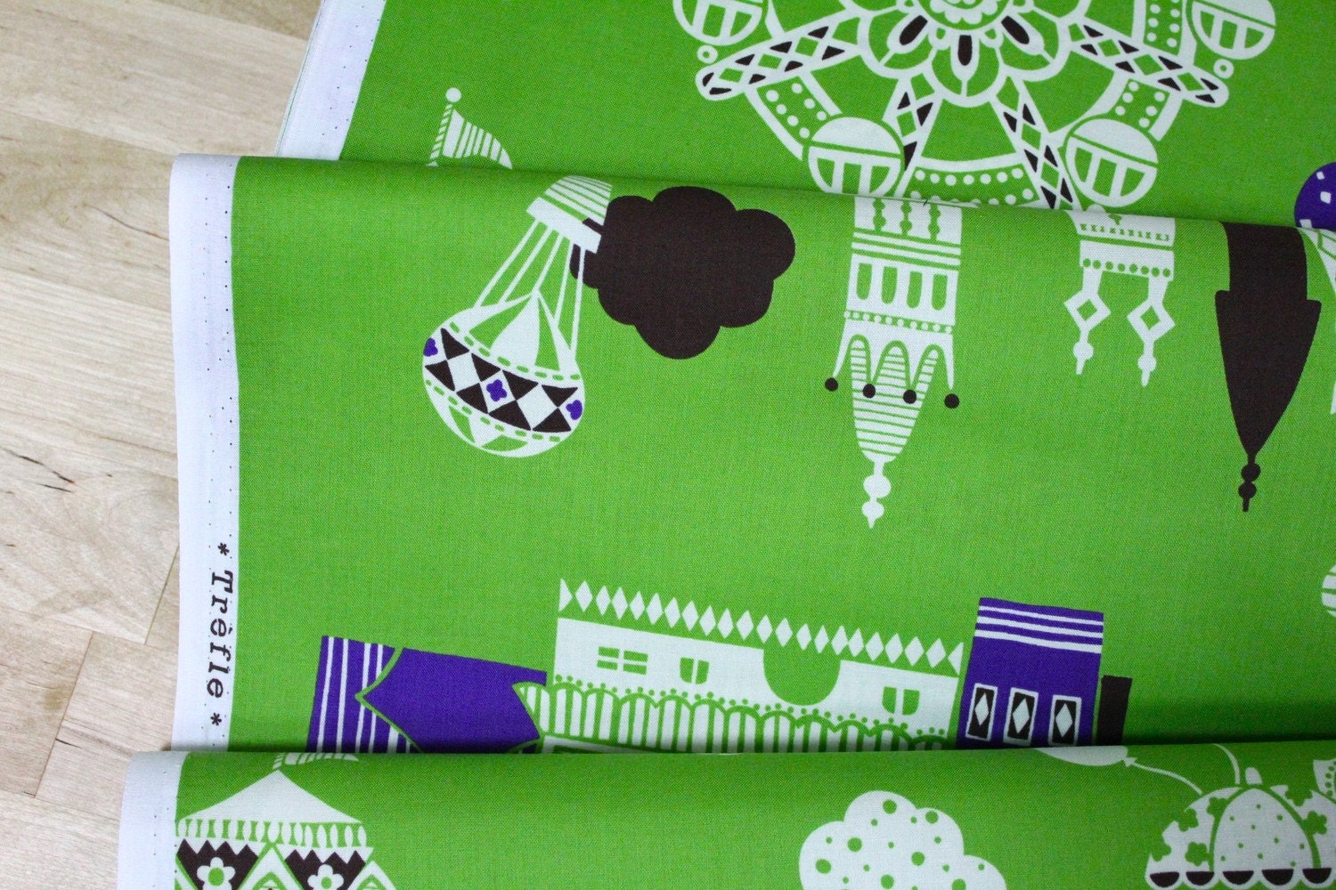 Kokka Trefle Carnival Japanese Fabric - purple, brown, white on green