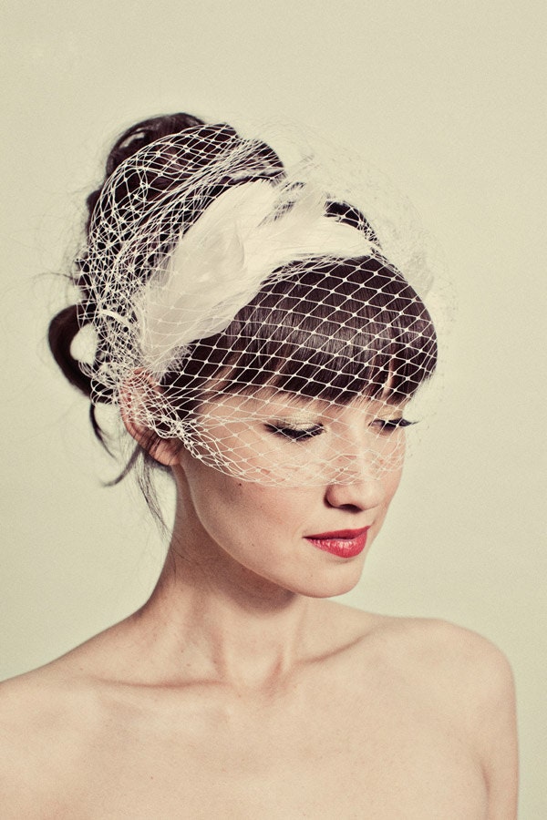 Feather headband with birdcage veil overlay- style 114