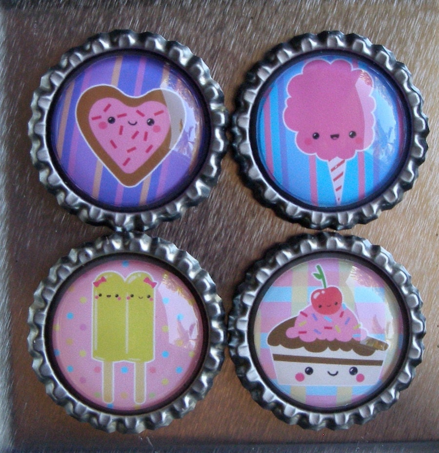Kawaii Sweets Magnet Set bottle cap cookie, popsicle, cake, cotton candy