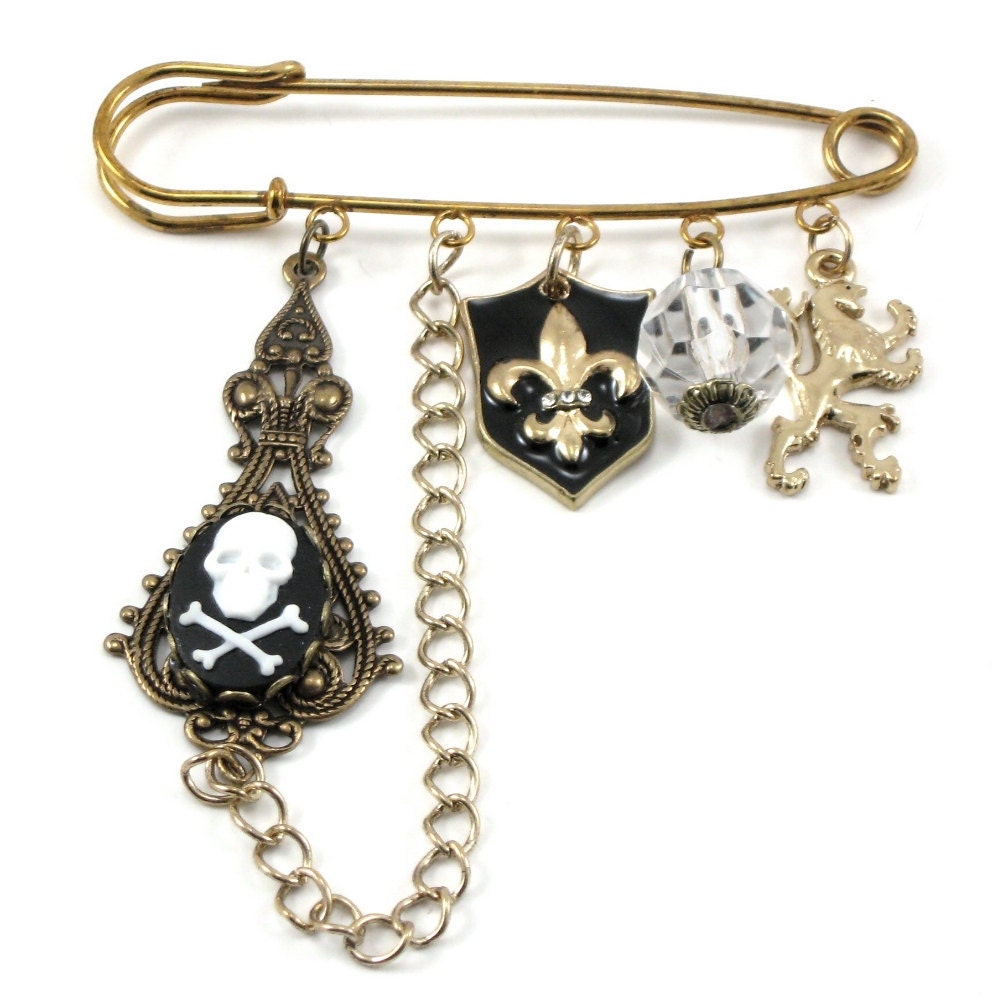 SALE Was 35.00 - Dark Legion - AWESOME Unisex Pirate Brooch with Hanging Chains and Heraldic Charms - By GhostLove