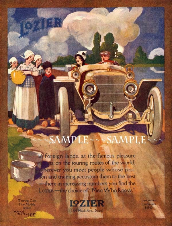 Antique LOZIER auto car DUTCH GIRL Amsterdam Holland Travel mini Poster Art