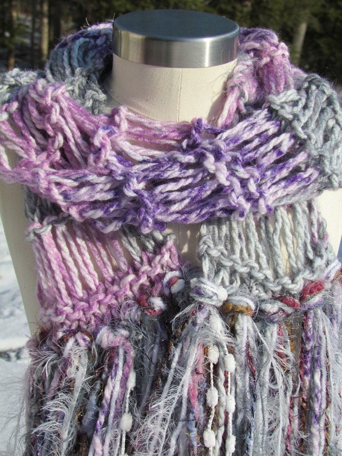 Knit Scarf Womens Extra Long in Purple Pink Grey White Soft Warm Feminine with Lots of Fringe