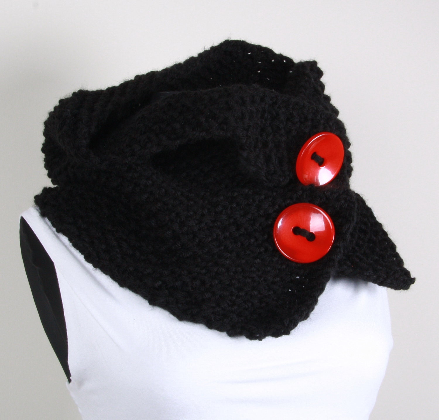 Knitted neckwarmer,Neckwarmer ,Knitting, Black ,red button
