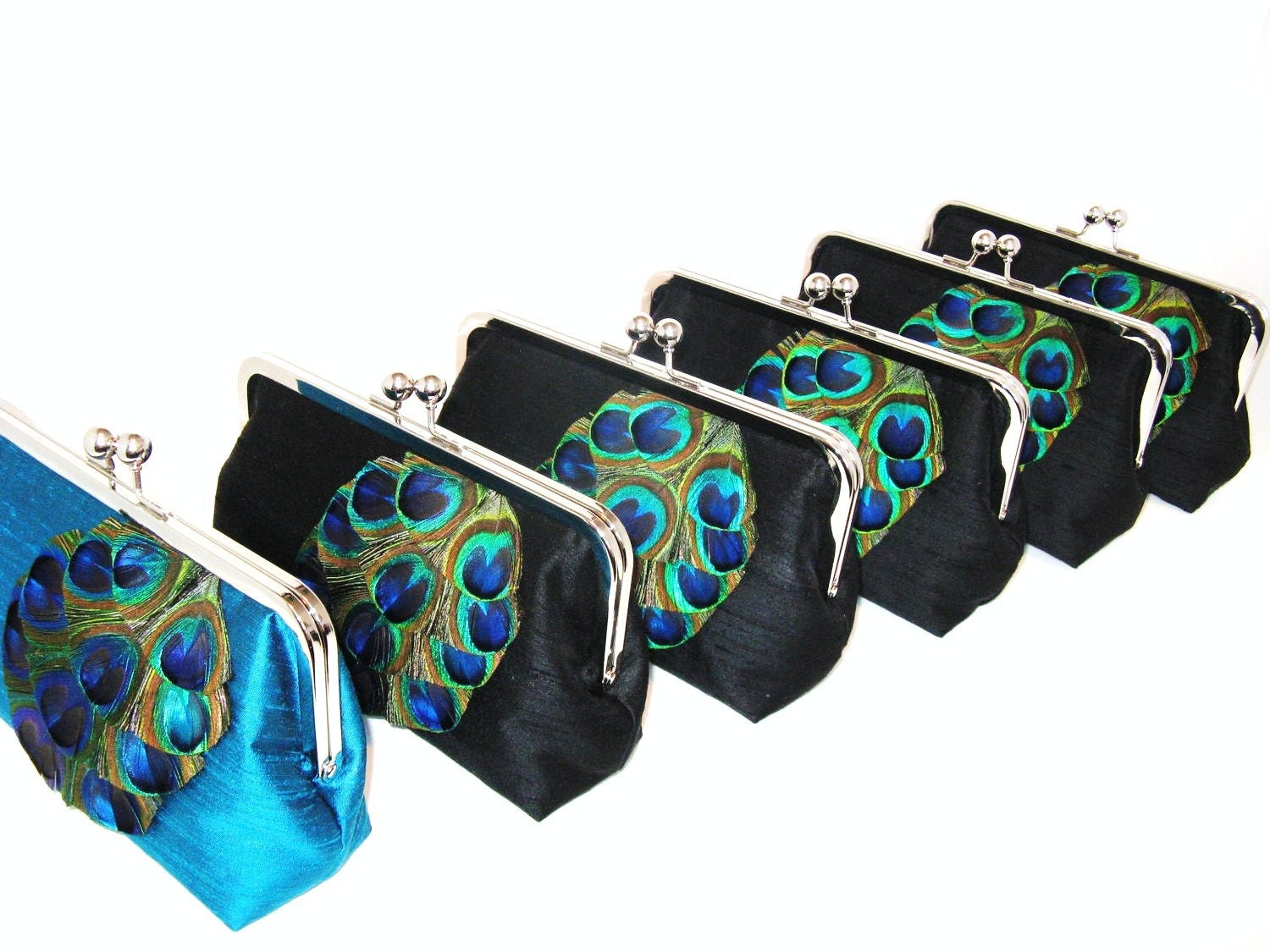 SALE 30% OFF Cascading Peacock  Silk Dupioni Clutch In Black/Peacock Blue Set Of  6