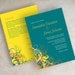 Wedding invitations, swirly vines in dark turquoise, dark teal, bright yellow, orange and white