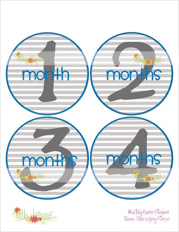 Monthly Onesie Sticker (Boy):  Blue & Grey Stripes