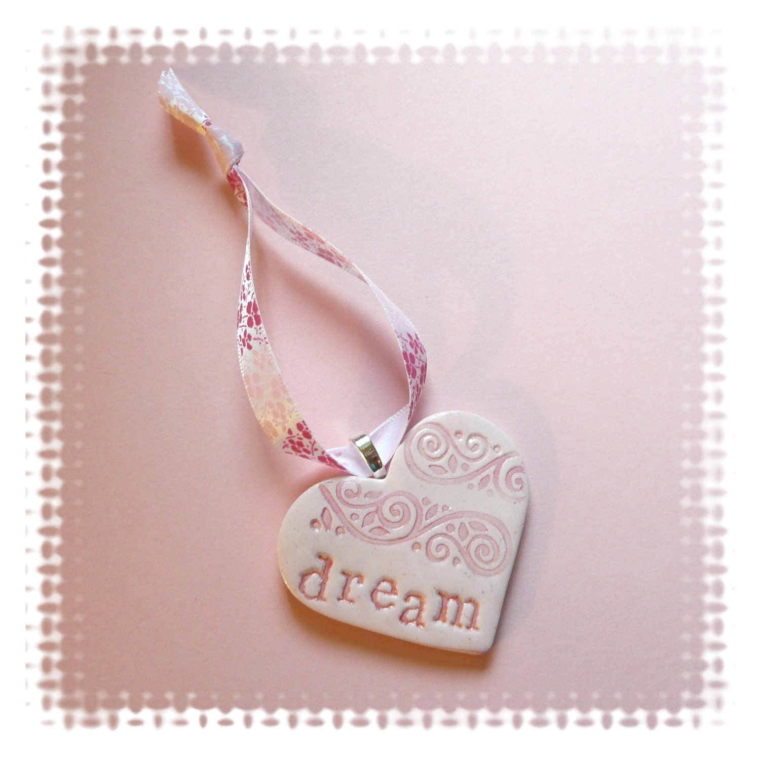Dream Heart Ornament Pink - handmade polymer clay home decor