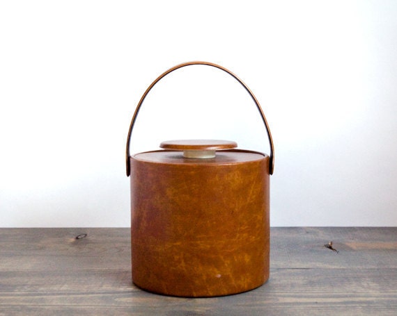 Tan Faux Leather Ice Bucket . .  vintage ice bucket, cocktail, retro bar