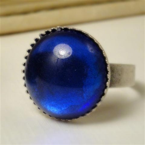 Blue Glass Ring - Royal Sapphire Blue - Renaissance Antique Inspired Silver Adjustable Blue Ring