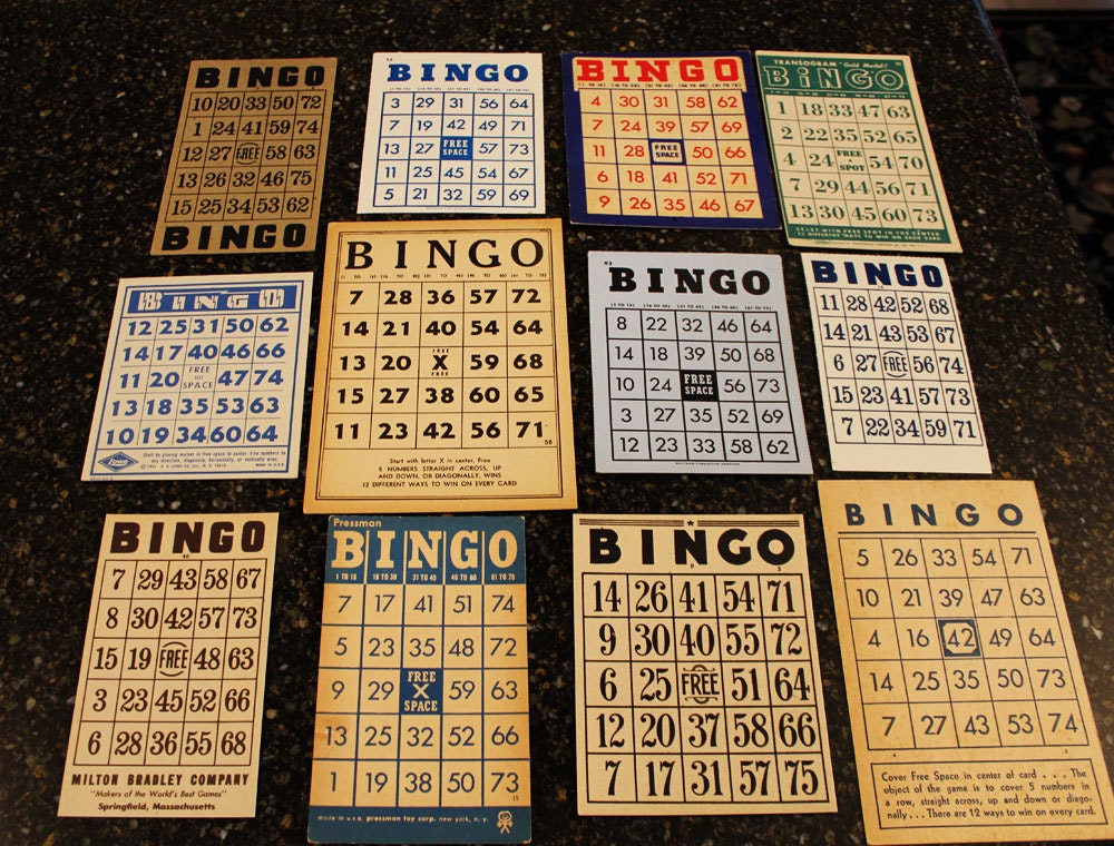 Great Lot of 12 Vintage Bingo Cards- All Different