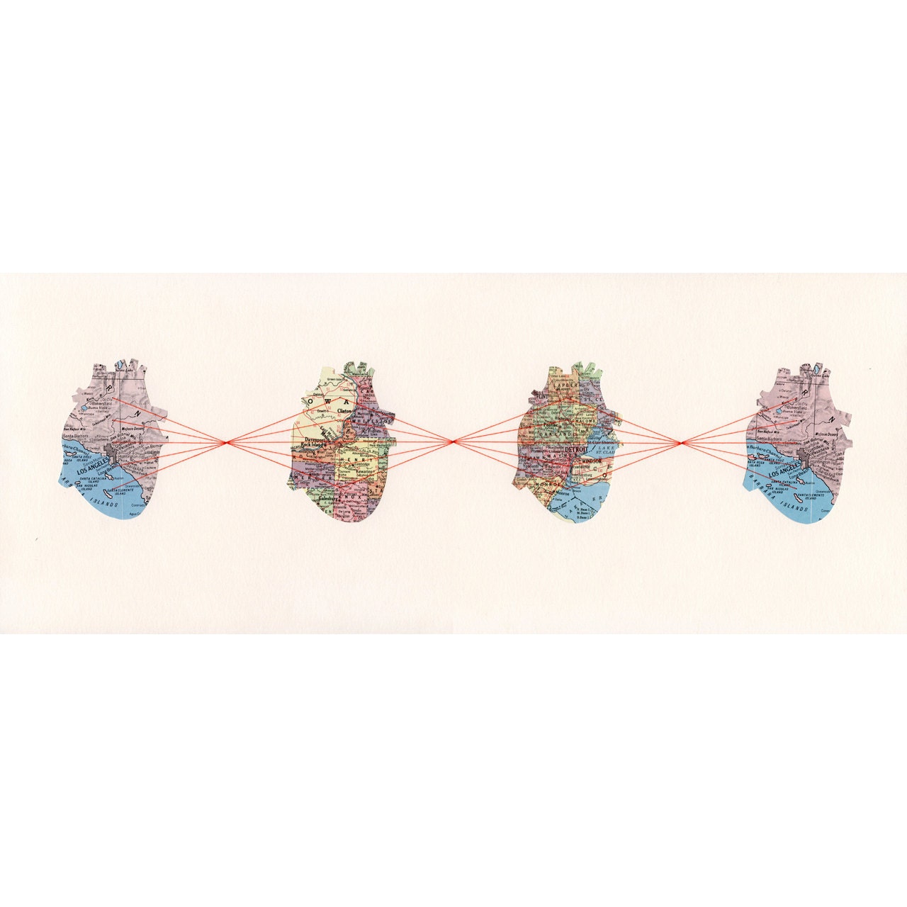 CUSTOM ORIGINAL Embroidered Map Collage Anatomical Hearts Family Connectivity Travel Thread 8 x 20 - Four Hearts by selflesh