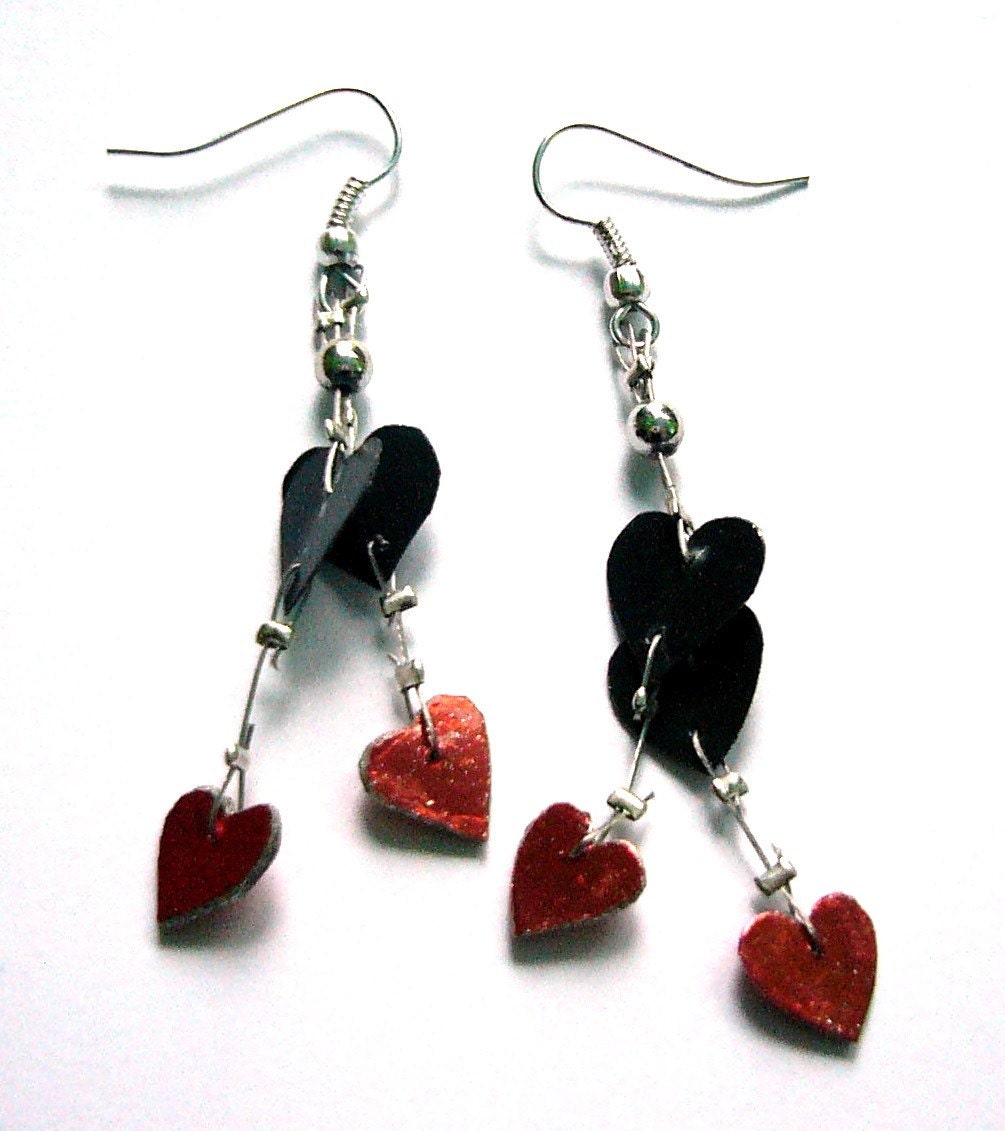 Hearts Valentines earrings recycled plastic & paper beads - red and black - gift under 5