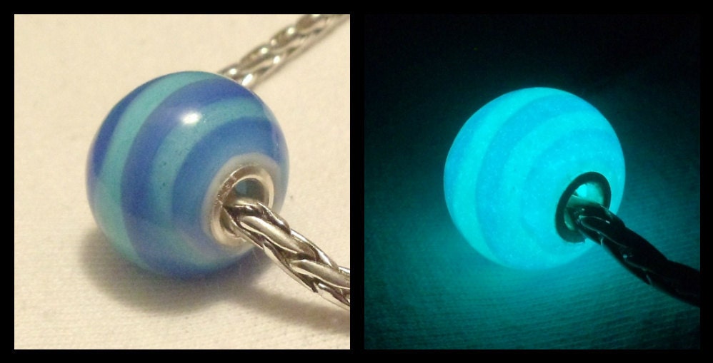 Glow in the Dark Glass White, Cobalt and Teal Lampwork Big Hole Bead, fits Pandora and all European Style Charm Chains