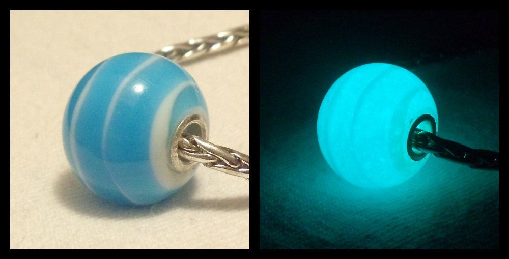Glow in the Dark Glass White, with Aquamarine wrap Lampwork Glass Big Hole Bead, fits Pandora and all European Style Charm Chains