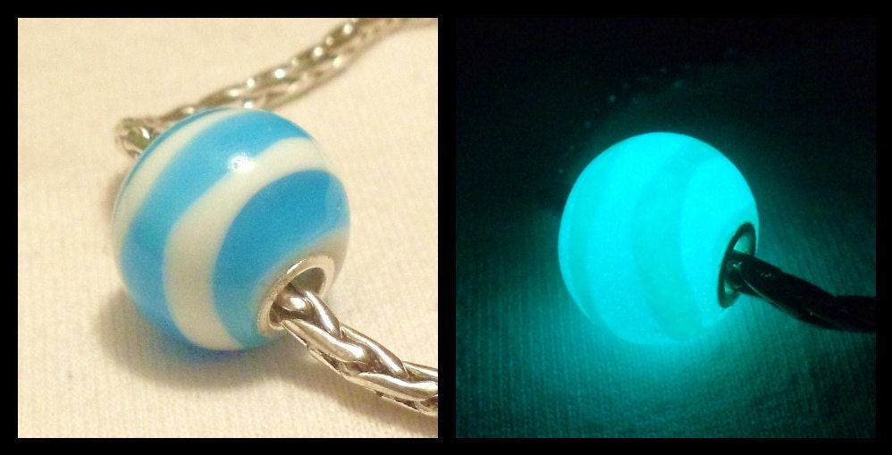 Glow in the Dark Glass White, with Aquamarine wrap Lampwork Glass Big Hole Bead, fits Pandora and all European Style Charm Chains