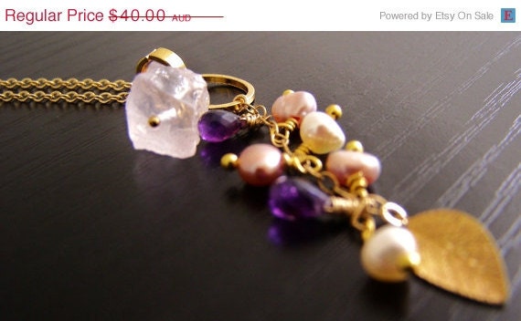 20% Off Sale Rose Quartz Amethyst Pearl Gold Lux Necklace - (Jelly Bean Dream)