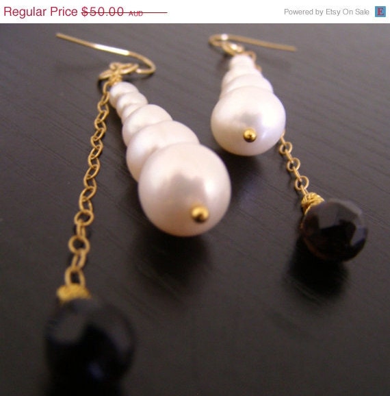20% Off Sale Glam Pearl Cluster & Smokey Quartz Briolette Gold Drop Earrings - (Snow Hive)