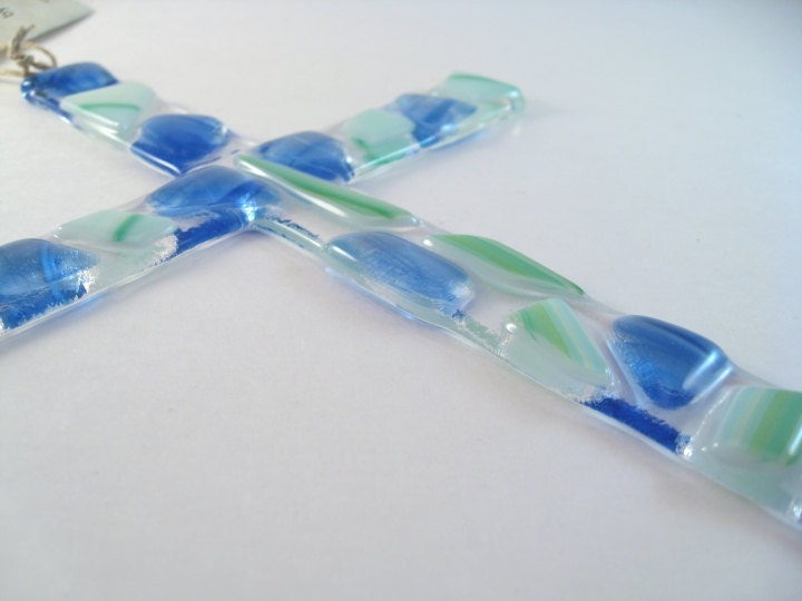 Fused Glass Wall Cross  Suncatcher Blue Green