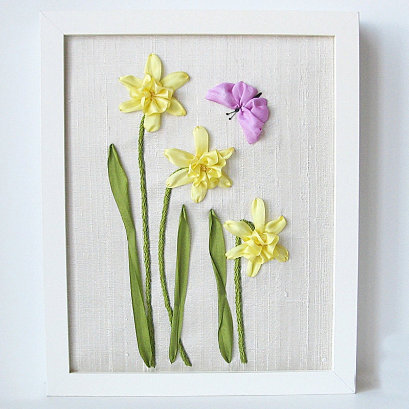 Embroidered Framed Daffodils in Silk Ribbon