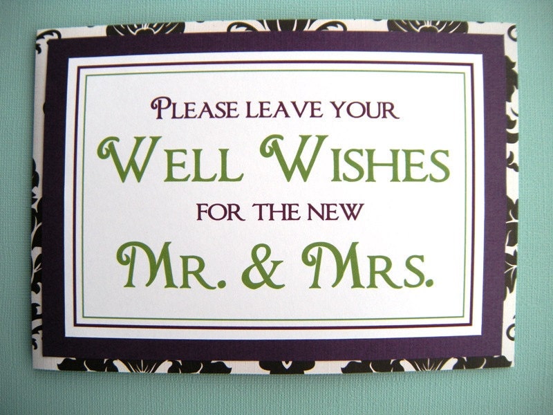5x7 Tent Folded In Wedding Guest Book Sign in Black and White Damask, Purple and Green - READY TO SHIP