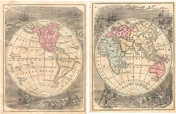 Pair of Hand Colored Antique 1860 Vintage Maps, East and West Hemispheres, Decorative Borders
