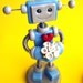 Robot Wedding Cake Topper - Orange Groom Blue Bride - Ready to Ship - Clay, Paint, Wire