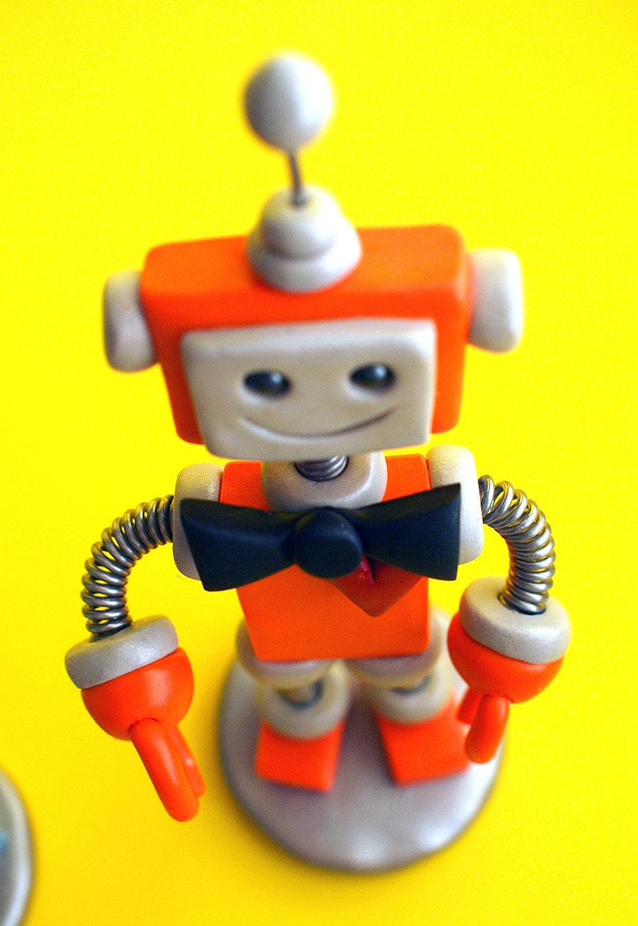 Robot Wedding Cake Topper - Orange Groom Blue Bride - Ready to Ship - Clay, Paint, Wire