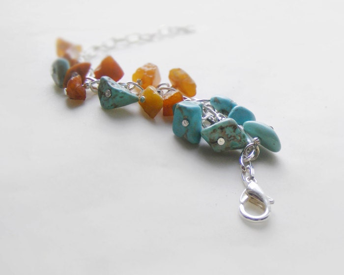 Turquoise bracelet, baltic amber bracelet, turquoise and amber jewelry, stone bracelet, chain bracelet, raw stones