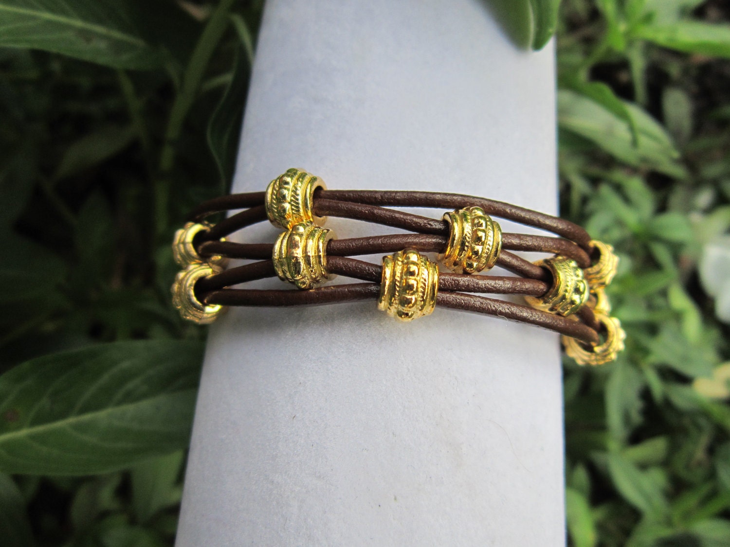 Brown Multistrand Leather Bracelet with 8mm Gold Plated Decorative Beads