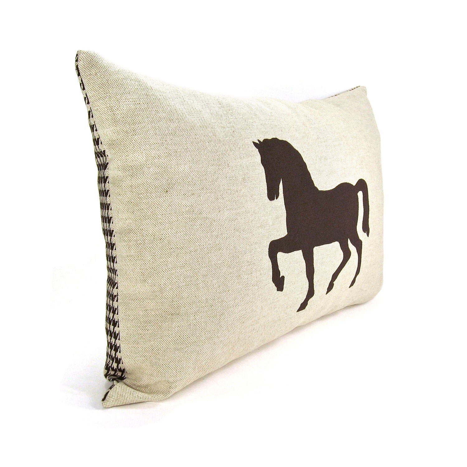 Horse pillow case - Dark brown horse print on natural linen front and printed houndstooth back lumbar pillow - 12x18 accent pillow cover