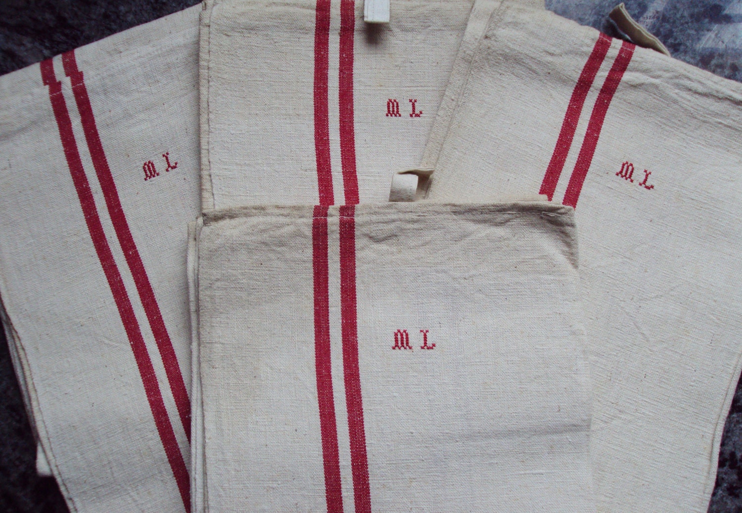 2 Vintage French Linen Torchons/Teatowels Monogram ML Red Stripes Never Used Would make Great Napkins