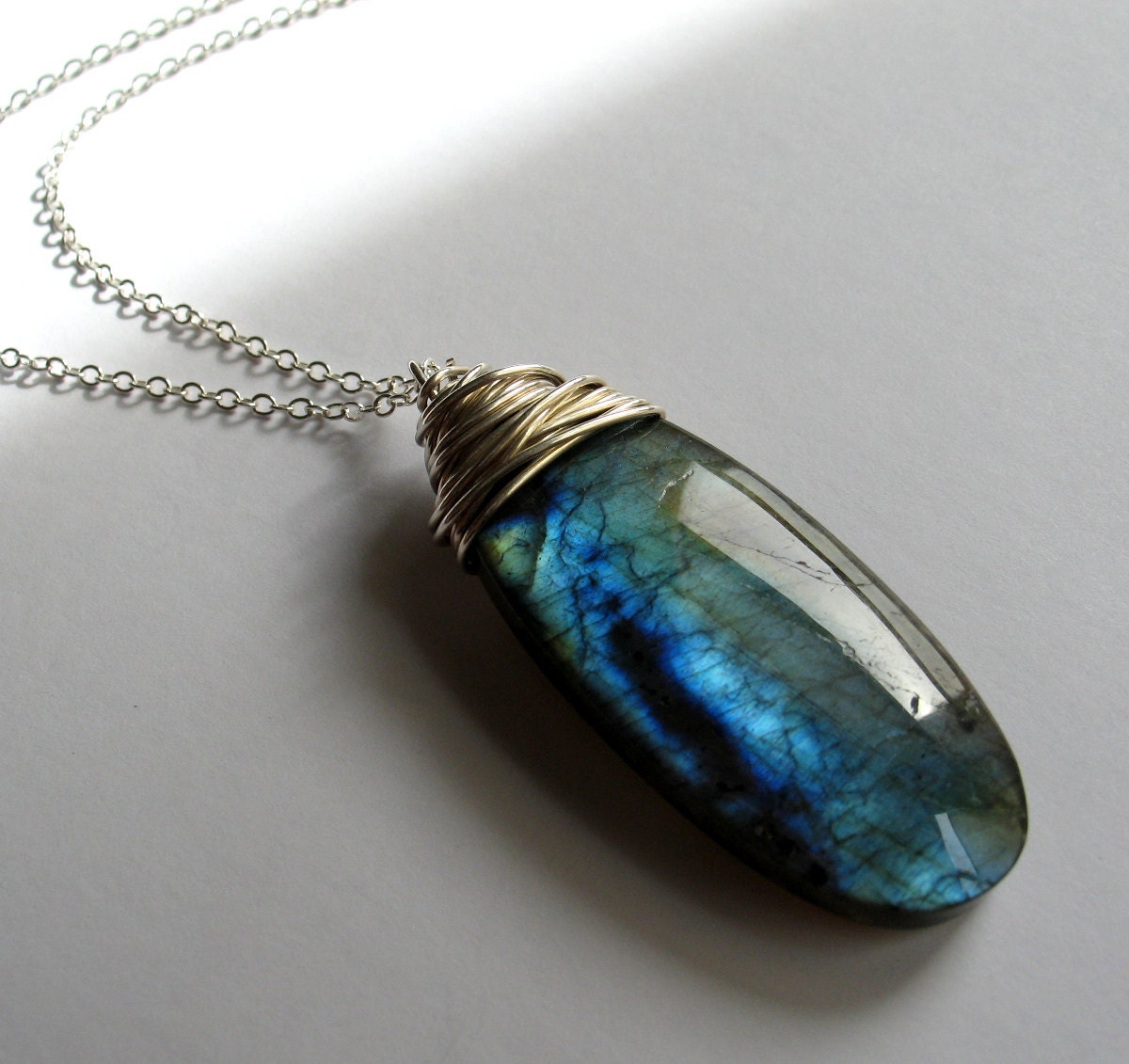 Labradorite Statement Necklace, Sterling Silver, Large Pendant Jewelry, Teal Blue Ocean, Rust Red