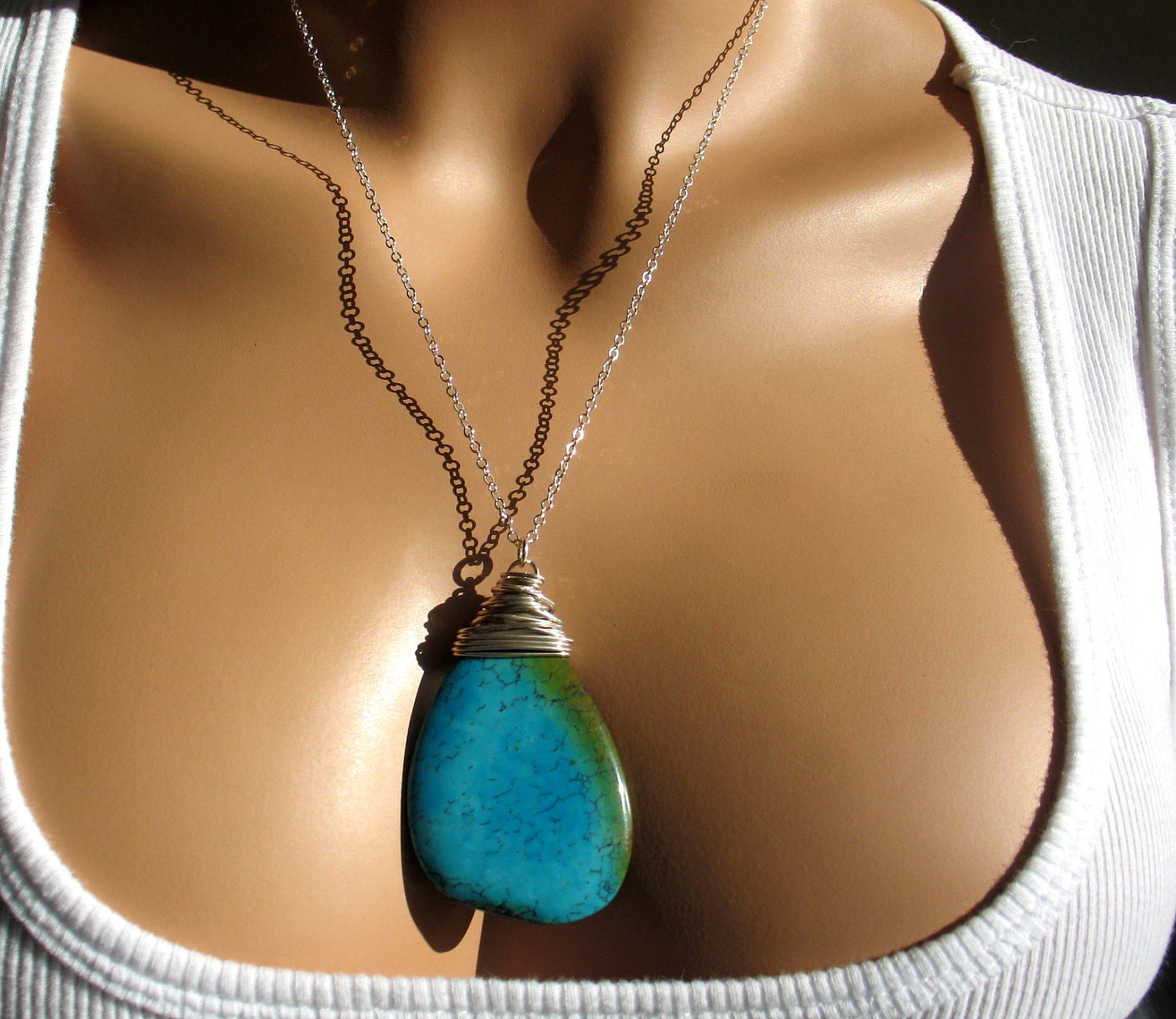 Turquoise Statement Necklace, Sterling Silver, HUGE Teal Aqua Green Gemstone Jewelry,