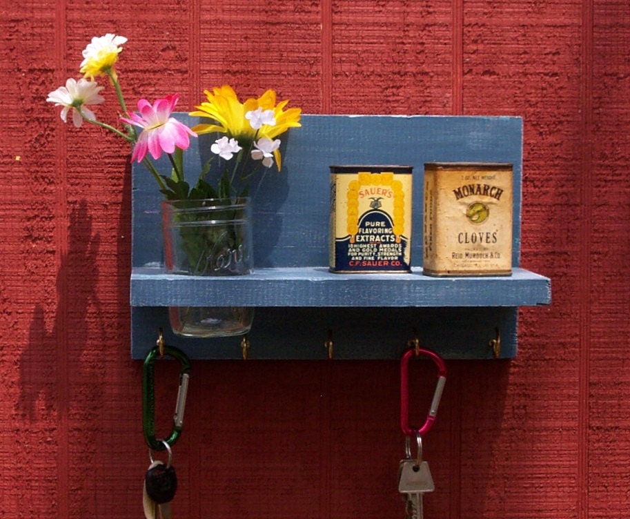 Primitive wood wall shelf with mason jar vase and key holders---Many of colors to choose from.