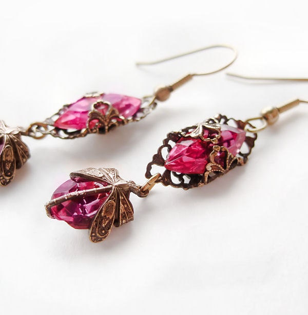 Dragonfly Filigree Earrings Pink Victorian Federikas Vintage Filigree  Jewelry