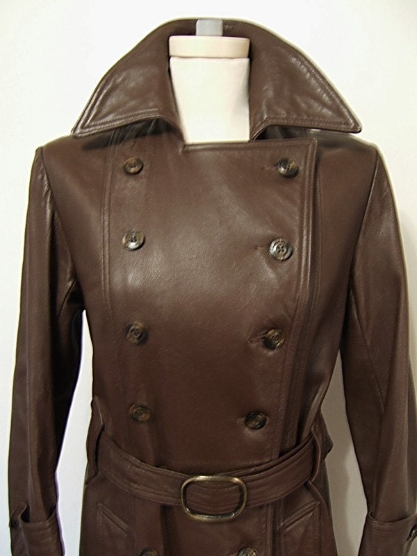 Steampunk Spy Leather Trench Coat Vintage 70's Wide Collar Belted Waist Double Breast Brown Full Length Military